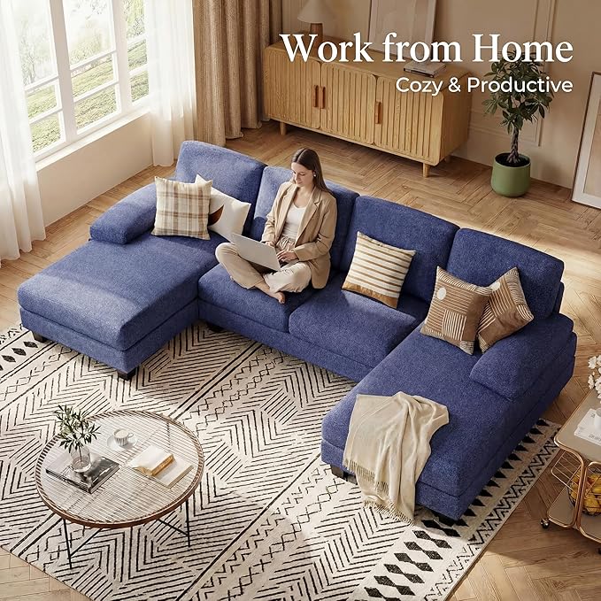 Homall Sectional U Shaped Sofa Couches for Living Room, Comfy Linen Fabric 4 Seat Sofa Set with Removable Pillows, Lounge Chaise Upholstered Couch for for Apartment (Loop Yarn, Navy Blue)