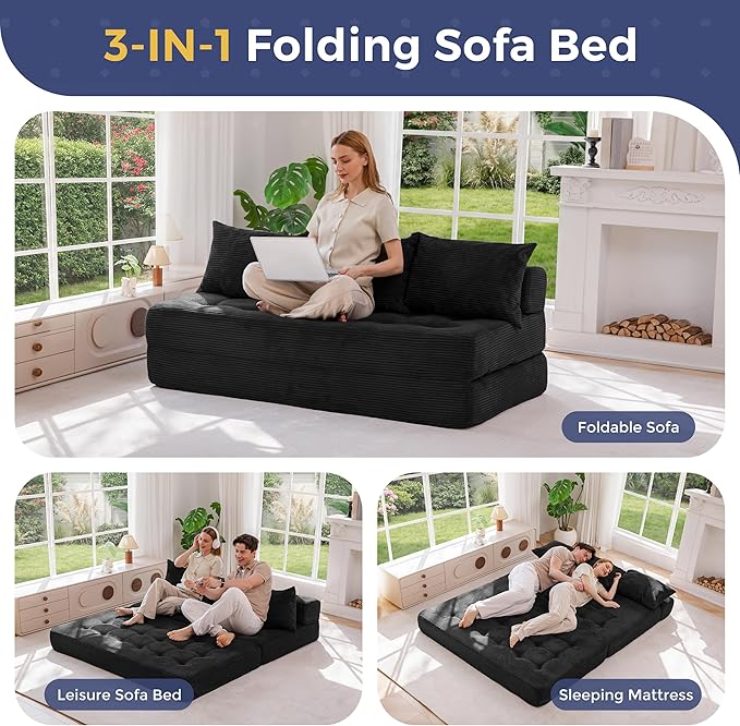 MAXYOYO Folding Sofa Couch, Convertible Floor Sleeper Couch with 2 Pillows, Tufted Floor Oversized Loveseat Couch Tufted Fold Out Chair Bed Comfy Sofa Lounge for Living Room Bedroom, Black
