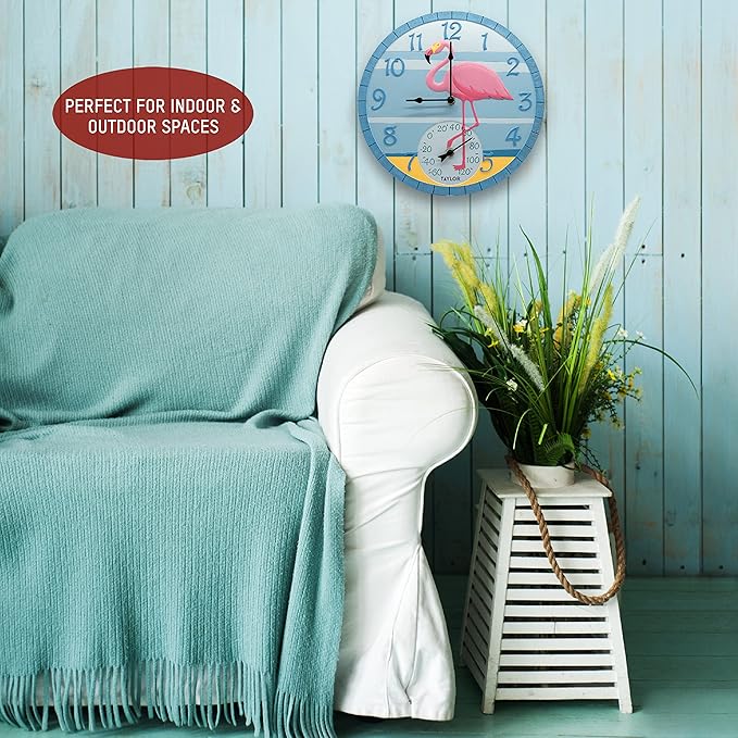 Taylor Flamingo Poly Resin Indoor and Outdoor Clock and Thermometer, Wireless Thermometer with Easy to Read Large Numbers for Patio, Pool, and Indoor Areas, 14-inch, Multi-Color