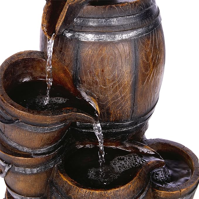 Alpine Corporation ZEN409S Outdoor Rustic 4-Tiered Barrels and Buckets Water Floor Fountain - Farmhouse Style, 24 Inch Tall, Brown