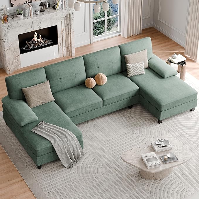 Shintenchi U-Shaped Sectional Couches for Living Room, 4 Seat Sofa with Double Chaise Lounges,Solid Wood Frame Sectional Sofa for Apartment,Green