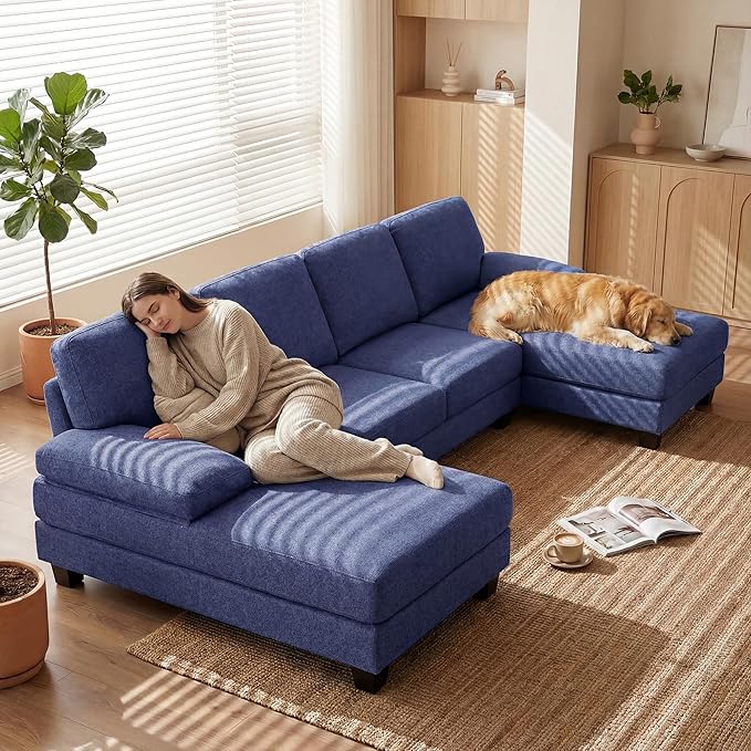 Homall Sectional U Shaped Sofa Couches for Living Room, Comfy Linen Fabric 4 Seat Sofa Set with Removable Pillows, Lounge Chaise Upholstered Couch for for Apartment (Loop Yarn, Navy Blue)