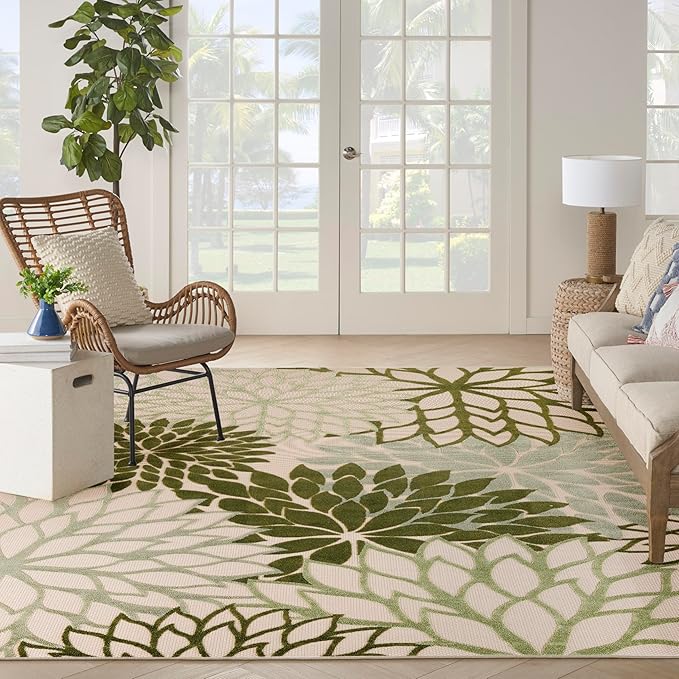 Nourison Home Aloha Indoor-Outdoor Ivory Green 9' x 12' Area Rug, Easy Cleaning, Non Shedding, Bed Room, Living Room, Dining Room, Backyard, Patio, Deck (9x12)