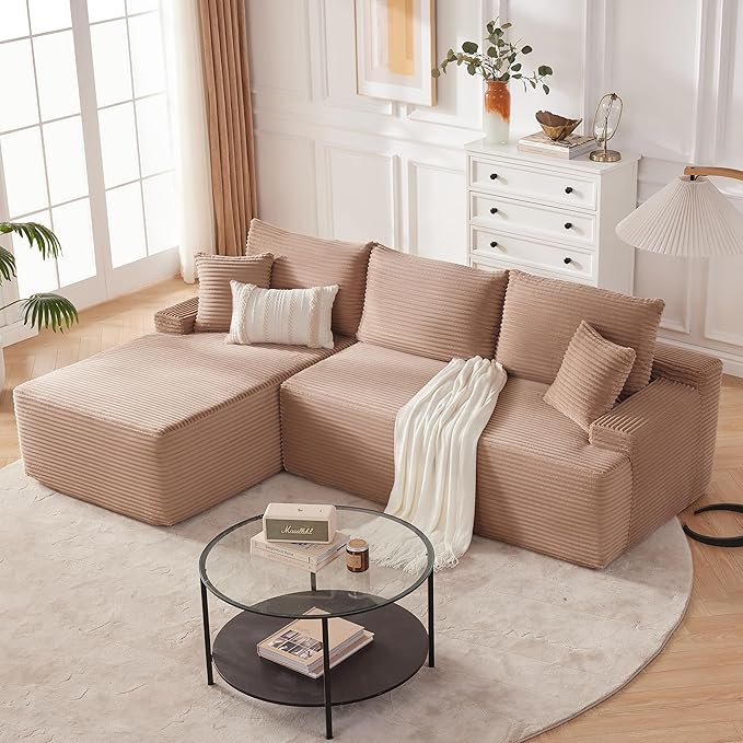 Cloud Sectional Couch, Boneless Sofa for Living Room, Modular Sectional Sofa with Deep Seat, Fluffy Comfy Couch with L-Shaped Chaise, No Assembly Required, Camel