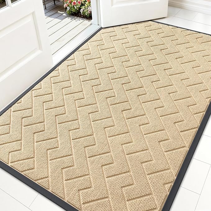 OLANLY Front Door Mat Indoor Outdoor Entrance, Waterproof All-Season, All-Weather Doormat, Sturdy Natural Rubber, Low Profile, Easy Clean Patio Porch Entryway Mat, Herringbone Brick (Beige, 71x47)