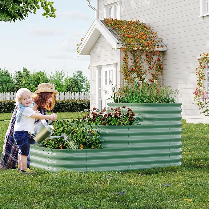 Galvanized Raised Garden Bed Kit – 61x42x31 in Oval Outdoor Planter Box for Vegetables, Herbs & Flowers, Modular 3 in-1 Design, Open Base, Ground-Connected Raised Beds for Gardening, Green