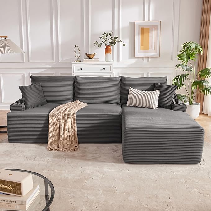 Cloud Sectional Sofa, Boneless Couch for Living Room, Modular Sectional Sofa with Deep Seat, Fluffy L-Shaped Comfy Couch with Right-Facing Chaise, No Assembly Required, Grey
