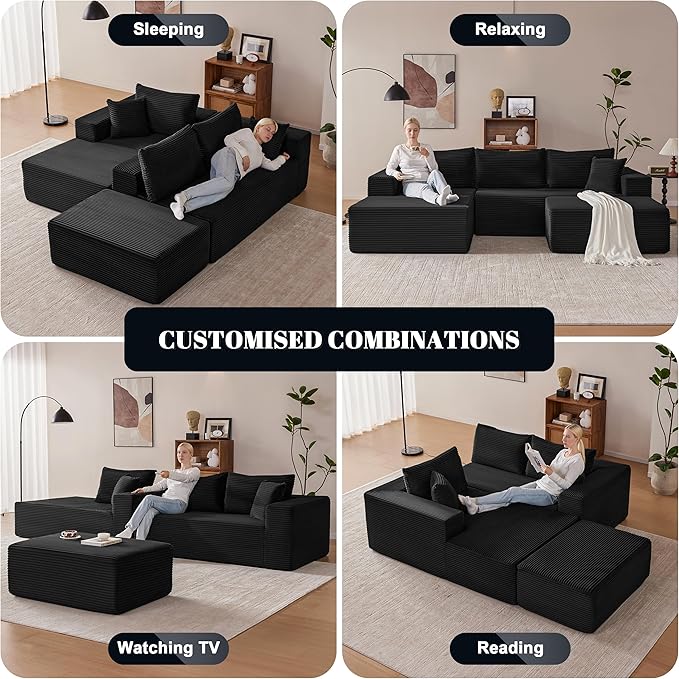 110” Cloud Sectional Couch, Boneless Sofa for Living Room, Modular Sectional Sofa with Deep Seat, Comfy Fluffy U-Shaped Couch with Right-Facing Chaise, No Assembly Required, Black