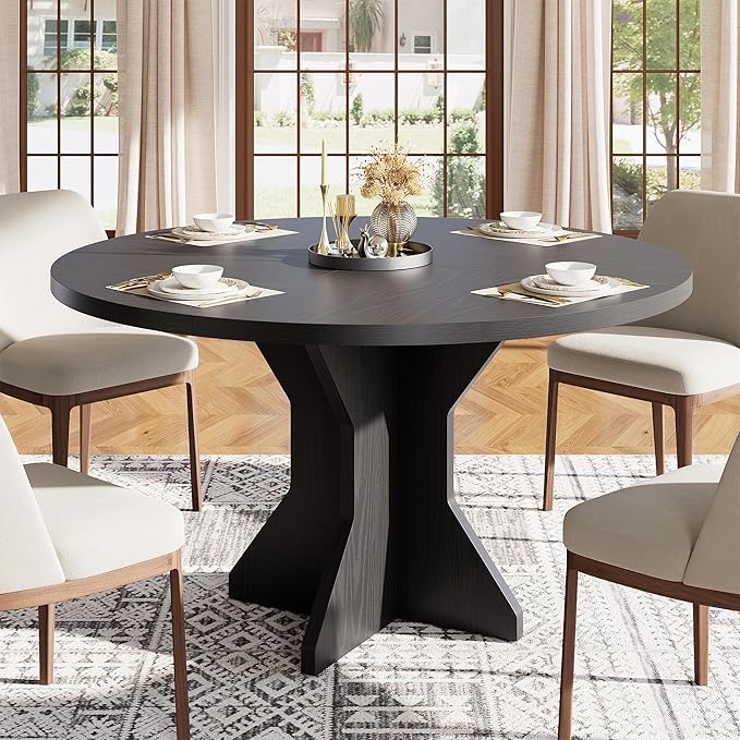 Garvee Round Dining Table for 4-6 People - 47" Circle Kitchen Dinner Table with Sturdy Pedestal Base, Small Spaces Dinning Room Furniture for Living Room, Kitchen, Apartment, Black