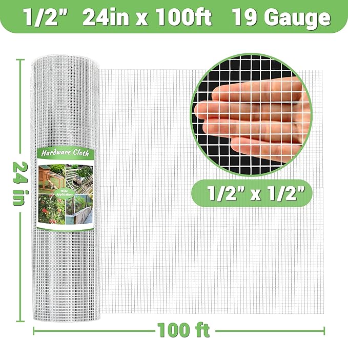 HITTITE Hardware Cloth 1/2 inch 24in x 100 ft, Hot-dip Galvanized After Welding Chicken Wire Mesh, 19 Gauge Welded Chicken Wire Fencing for Chicken Coop and Home Improvement Projects