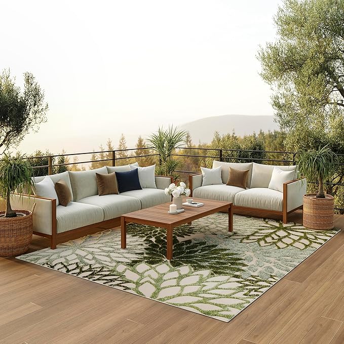 Nourison Home Aloha Indoor/Outdoor Ivory Green 12' x 15' Area Rug, Easy Cleaning, Non-Shedding, Bed Room, Living Room, Dining Room, Backyard, Patio, Deck (12x15)