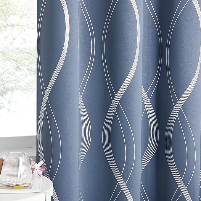 NICETOWN Stone Blue Blackout Curtains 54 inch Long Small Panels, 42 Inch Wide, Window Treatment Thermal Insulated Wave Line Foil Print Design Drapes for Kitchen, Cafe, Loft, Set of 2