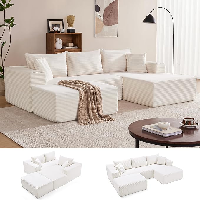 110” Cloud Sectional Couch, Boneless Sofa for Living Room, Modular Sectional Sofa with Deep Seat, Comfy Fluffy U-Shaped Couch with Right-Facing Chaise, No Assembly Required, Beige