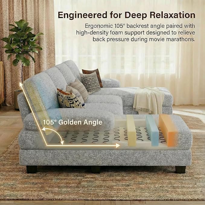 Homall Modular Sectional U Shaped Sofa Couches for Living Room, Comfy Linen Fabric 4 Seat Sofa Set with Removable Pillows, Lounge Chaise Upholstered Couch for for Apartment (Loop Yarn, Pearl Gray)