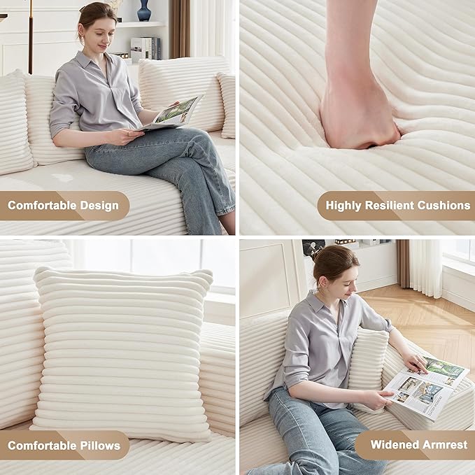 110” Cloud Sectional Couch, Boneless Sofa for Living Room, Modular Sectional Sofa with Deep Seat, Comfy Fluffy Couch with L-Shaped Chaise, No Assembly Required, Beige