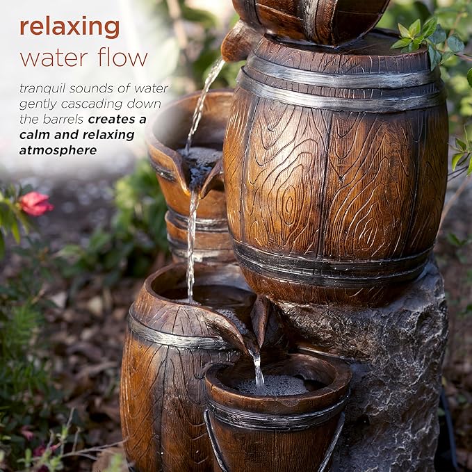 Alpine Corporation ZEN409S Outdoor Rustic 4-Tiered Barrels and Buckets Water Floor Fountain - Farmhouse Style, 24 Inch Tall, Brown