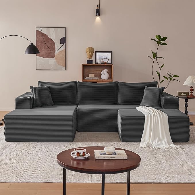 110” Cloud Sectional Couch, Modular Sectional Sofa with Deep Seat, Boneless Sofa for Living Room, Fluffy Comfy U-Shaped Couch with Left Facing Chaise, No Assembly Required, Grey