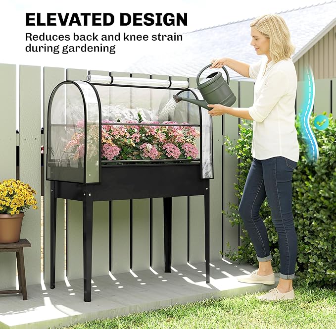 Outsunny Raised Garden Bed with Flip-Up Greenhouse Cover, Metal Elevated Garden Bed with Legs and Drainage Hole, Outdoor Raised Planter Box for Vegetables Herbs Flowers, 39.4" x 19.3" x 53.5", Black