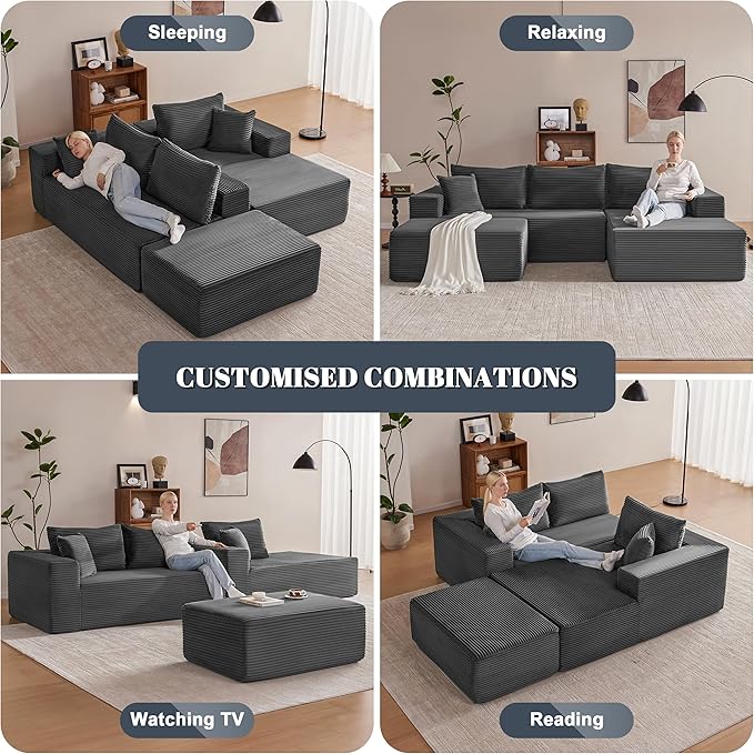 110” Cloud Sectional Couch, Boneless Sofa for Living Room, Modular Sectional Sofa with Deep Seat, Comfy Fluffy U-Shaped Couch with Right-Facing Chaise, No Assembly Required, Grey