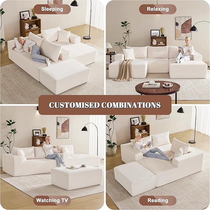 110” Cloud Sectional Couch, Boneless Sofa for Living Room, Modular Sectional Sofa with Deep Seat, Comfy Fluffy U-Shaped Couch with Right-Facing Chaise, No Assembly Required, Beige
