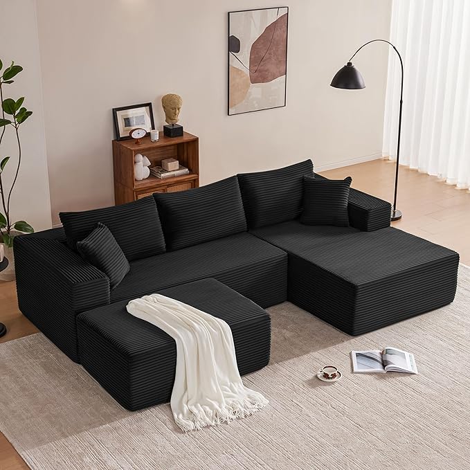 110” Cloud Sectional Couch, Boneless Sofa for Living Room, Modular Sectional Sofa with Deep Seat, Comfy Fluffy U-Shaped Couch with Right-Facing Chaise, No Assembly Required, Black