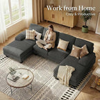 Homall Sectional U Shaped Sofa Couches for Living Room, Comfy Corduroy 4 Seat Sofa Set with Removable Pillows, Lounge Chaise Upholstered Couch for for Apartment (Corduroy, Dark Grey)