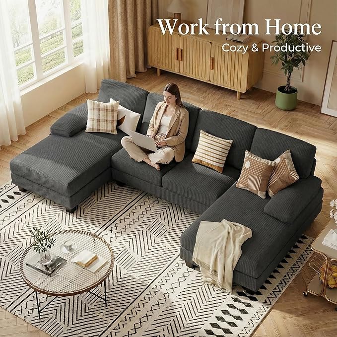 Homall Sectional U Shaped Sofa Couches for Living Room, Comfy Corduroy 4 Seat Sofa Set with Removable Pillows, Lounge Chaise Upholstered Couch for for Apartment (Corduroy, Dark Grey)