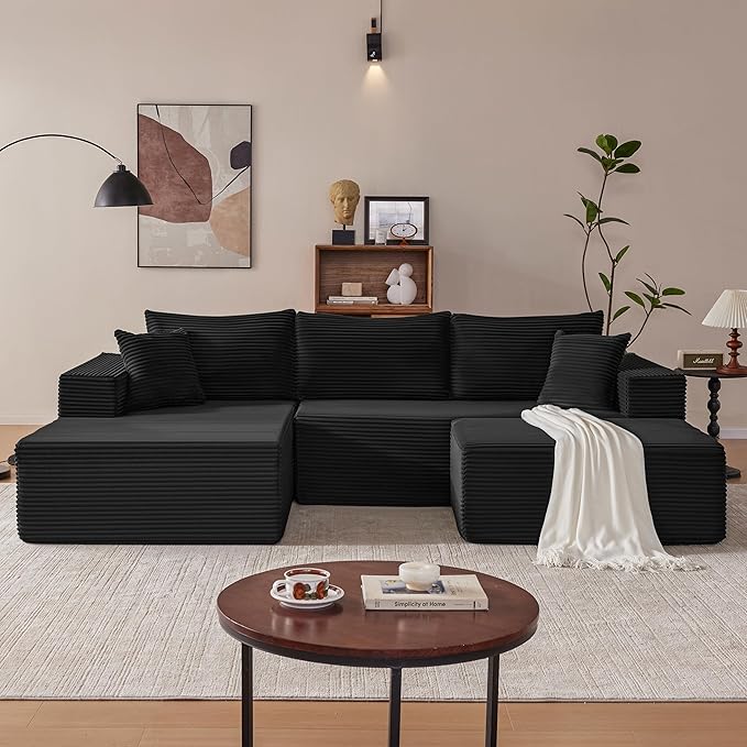 110” Cloud Sectional Couch, Modular Sectional Sofa with Deep Seat, Boneless Sofa for Living Room, Fluffy Comfy U-Shaped Couch with Left Facing Chaise, No Assembly Required, Black