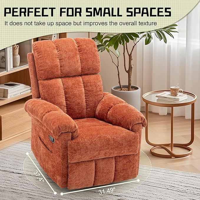 Recliner Chair, Swivel Rocker Recliner Chair for Adults, Small Recliners for Small Spaces, Manual Recliner with Side Pockets, Upholstered Nursery Rocking Chair for Living Room, Chenille, Orange