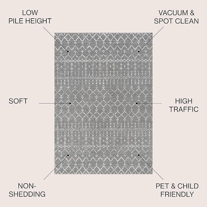 JONATHAN Y Boho Vintage Diamond Gray/Ivory Indoor Area Rug 5X8 ft, Moroccan Hype for Living Room, Bedroom, Kitchen, Office, Easy-Cleaning, High Traffic, Pet-Friendly, Non-Shedding (MOH101C-5)