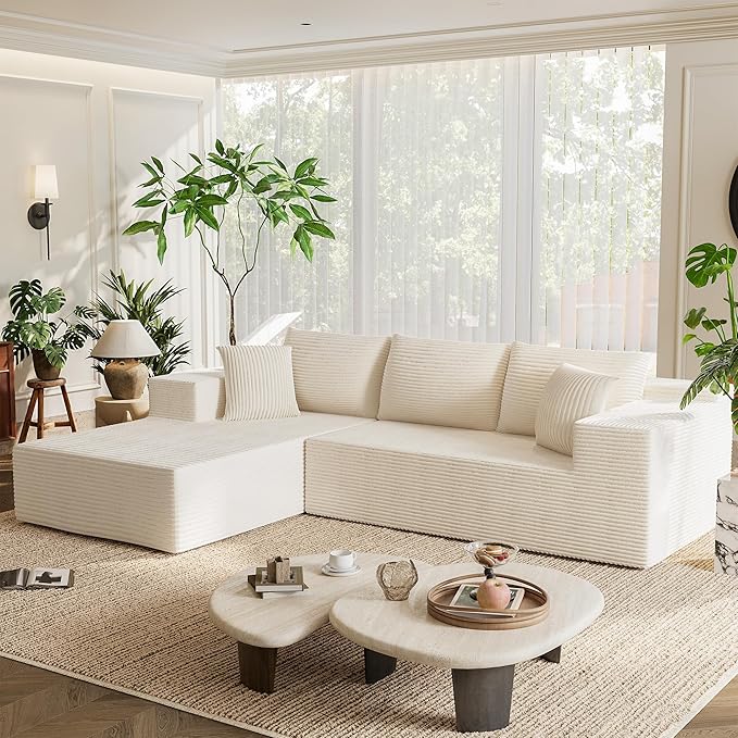 Homall 108" Modular Sectional Sofa, Boneless Couch with L-Shape Chaise, Cloud Couch with Deep Seat Upholstered, No Assembly Required for Living Room, Bedroom (Corduroy, Beige)