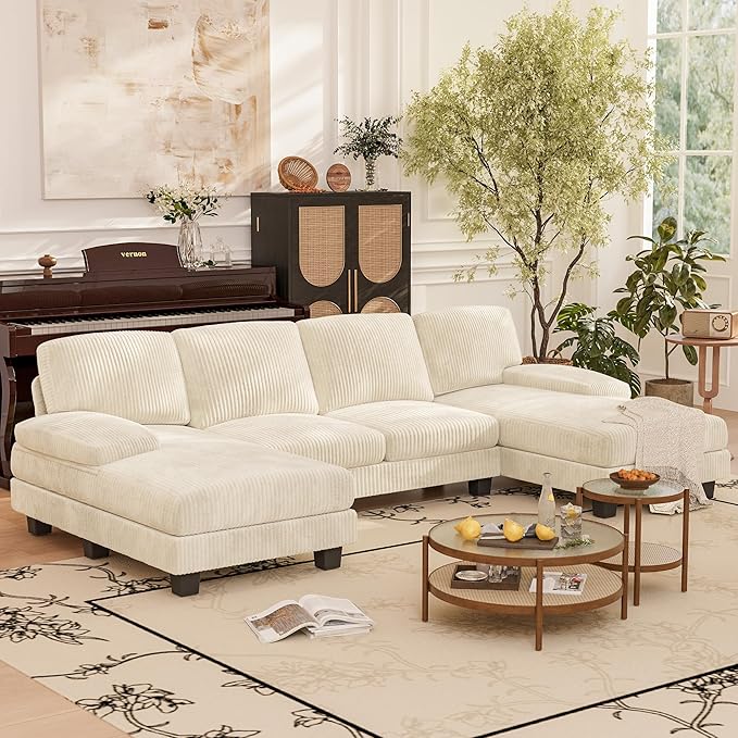 Homall Modular Sectional U Shaped Sofa Couches for Living Room, Comfy Chenille 4 Seat Sofa Set with Removable Pillows, Lounge Chaise Upholstered Couch for for Apartment (Corduroy, Light Beige)
