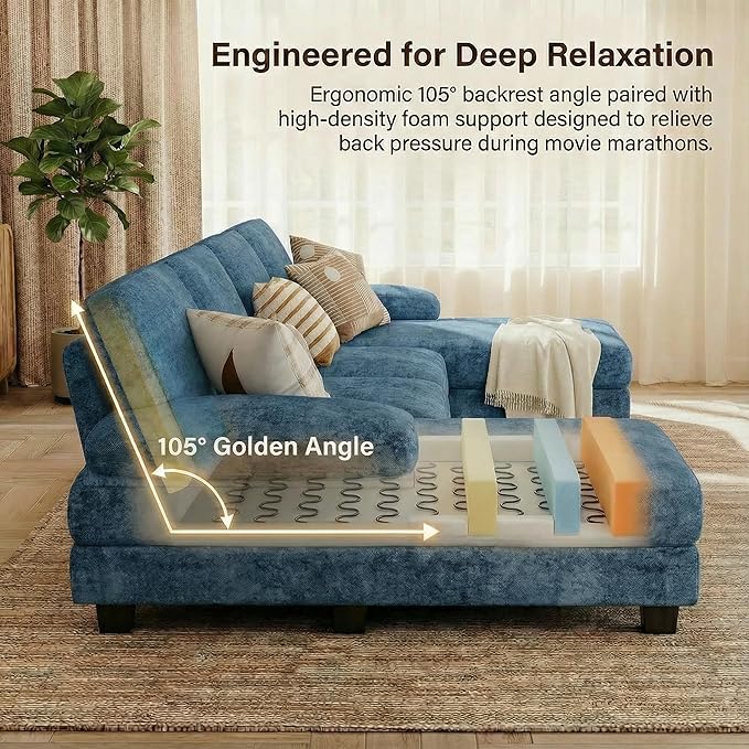 Homall Sectional U Shaped Sofa Couches for Living Room, Comfy Chenille 4 Seat Sofa Set with Removable Pillows, Lounge Chaise Upholstered Couch for for Apartment (Chenille, Light Blue)