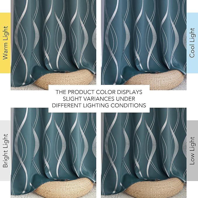 NICETOWN 100% Blackout Curtains Panels for Living Room, Greyish Blue, 52" Wide x 72" Long, 2 Panels, Sound Reducing Thermal Insulated Wave Line Foil Print Design Curtains for Patio Sliding Glass Door