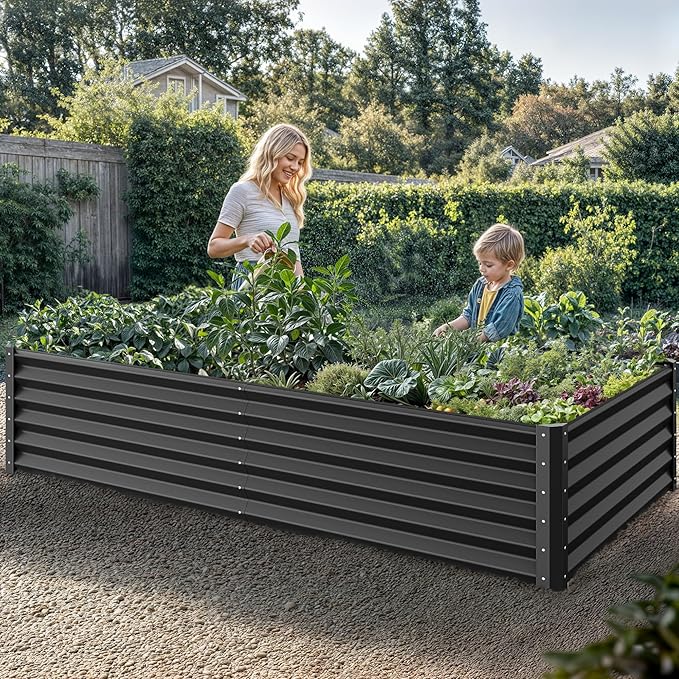YITAHOME 96x48x18 in 2pcs Galvanized Raised Garden Bed Kit, Large Metal Planter Box with Gloves, Safety Rubber & Support Rod, Outdoor Flower Bed for Plants Vegetables, Black