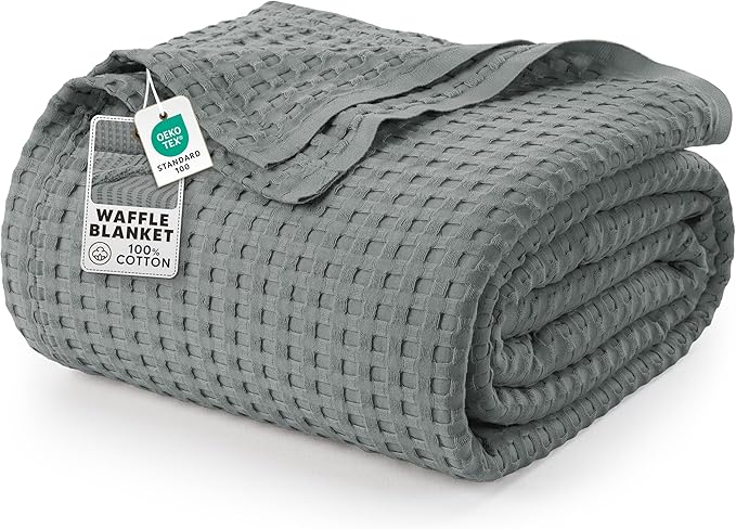 Utopia Bedding Cool Grey 100% Cotton Waffle Blanket 300 GSM [Queen - 90x90 Inch] Soft Lightweight Breathable Bed Blanket for All Season