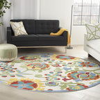 Nourison Home Aloha Ivory Multicolor 7'10" x Round Area Rug - Easy Clean, Non Shedding, Bed Room, Living Room, Dining Room, Kitchen (8' x Round)