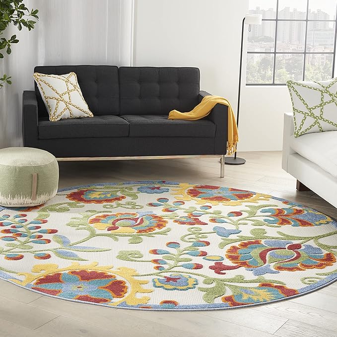 Nourison Home Aloha Ivory Multicolor 7'10" x Round Area Rug - Easy Clean, Non Shedding, Bed Room, Living Room, Dining Room, Kitchen (8' x Round)