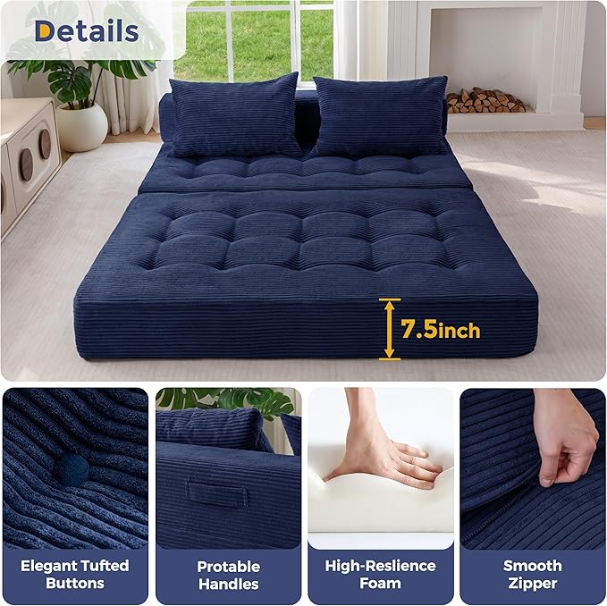 MAXYOYO Folding Sofa Couch, Convertible Floor Sleeper Couch with 2 Pillows, Tufted Floor Loveseat Couch Tufted Fold Out Chair Bed Comfy Sofa Lounge for Living Room Bedroom, Navy