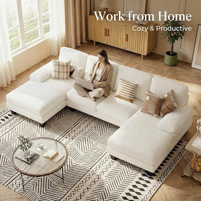 Homall Sectional U Shaped Sofa Couches for Living Room, Comfy Corduroy 4 Seat Sofa Set with Removable Pillows, Lounge Chaise Upholstered Couch for for Apartment (Corduroy, Beige)