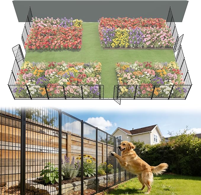 FXW Garden Fence Outdoor for The Yard – 40in(H) x 54.7ft(L) Heavy Duty Metal Animal Barrier for Dog and Rabbit, Decorative Dog Fence, 24 Panels, Black