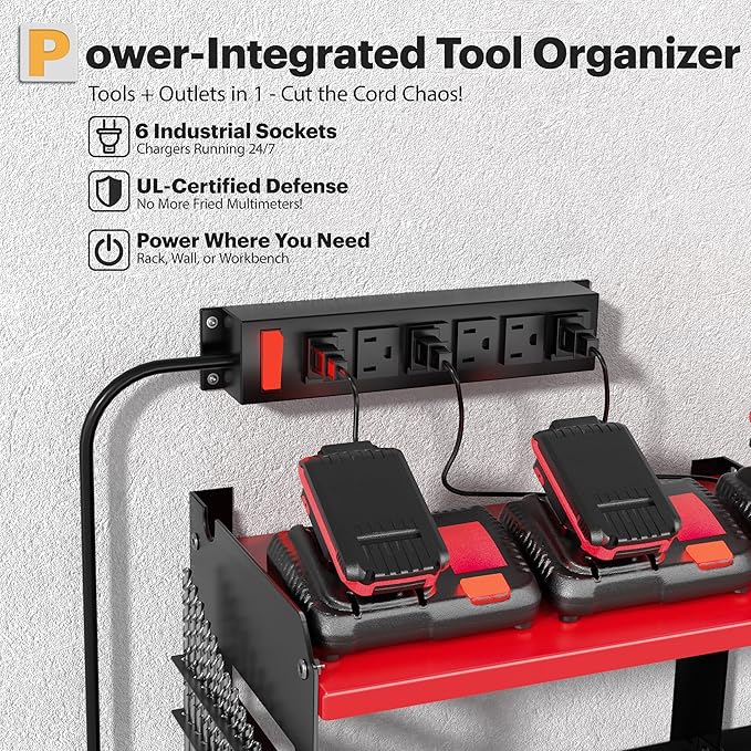 Power Tool Organizer Wall Mount with Charging Station, 15 Min Assembly & Maximum 420lbs Load by Heavy Duty Metal, 8 Slots for Cordless Drill, Tool Battery Holder with 6 Outlet Power Strip