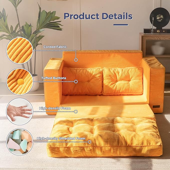 MAXYOYO Convertible Sofa Bed, Pull Out Loveseat Sleeper Sofa, 2 in 1 Folding Couch Bed, Fold Out Floor Couch with Pillows for Living Room Bedroom Lounge, Orange