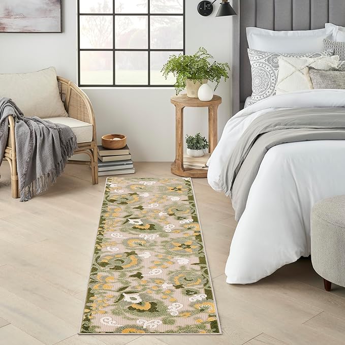 Nourison Home Aloha Ivory Green 2'3" x 8' Area Rug - Easy Clean, Non Shedding, Bed Room, Living Room, Dining Room, Kitchen (8' Runner)