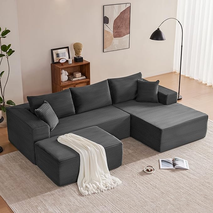110” Cloud Sectional Couch, Boneless Sofa for Living Room, Modular Sectional Sofa with Deep Seat, Comfy Fluffy U-Shaped Couch with Right-Facing Chaise, No Assembly Required, Grey