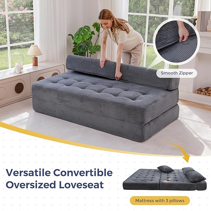 MAXYOYO Folding Sofa Couch, Convertible Floor Sleeper Couch with 2 Pillows, Tufted Floor Oversized Loveseat Couch Tufted Fold Out Chair Bed Comfy Sofa Lounge for Living Room Bedroom, Dark Grey