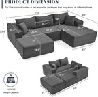 110” Cloud Sectional Couch, Boneless Sofa for Living Room, Modular Sectional Sofa with Deep Seat, Comfy Fluffy U-Shaped Couch with Right-Facing Chaise, No Assembly Required, Grey