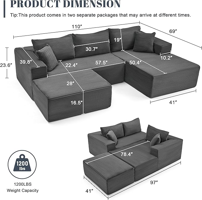 110” Cloud Sectional Couch, Boneless Sofa for Living Room, Modular Sectional Sofa with Deep Seat, Comfy Fluffy U-Shaped Couch with Right-Facing Chaise, No Assembly Required, Grey