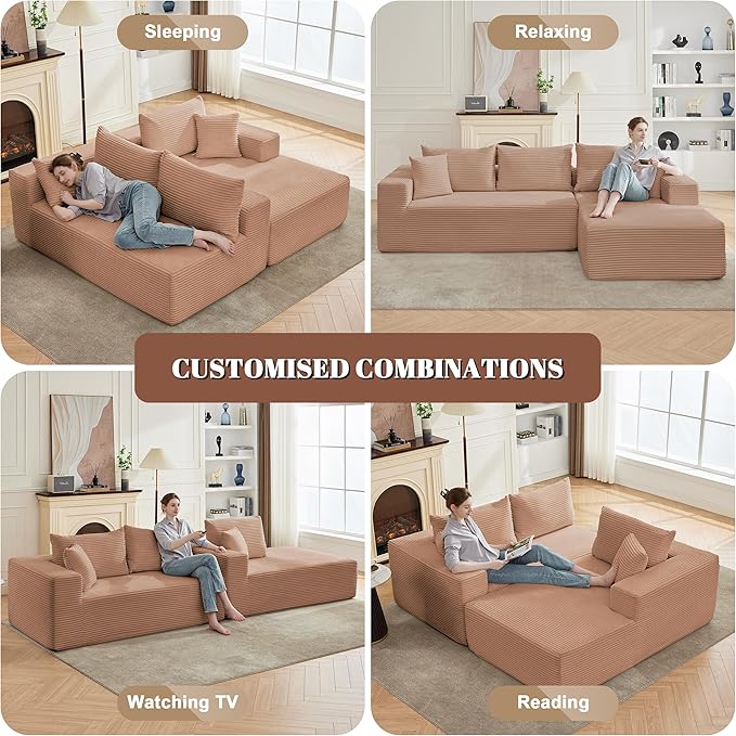 110” Cloud Sectional Couch, Boneless Sofa for Living Room, Modular Sectional Sofa with Deep Seat, Comfy Fluffy Couch with L-Shaped Chaise, No Assembly Required (Right-Facing Chaise, Camel)