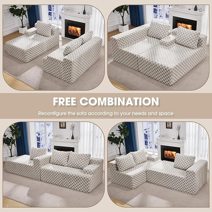 Modular Sectional Sofa Couches L-Shape Couch 3 Seat Modular Sofa Memory Foam Sectional Couches for Living Room, Cloud Couch with Oversized Chaise (GREYGREEN Check, 96" Left Facing Chaise)